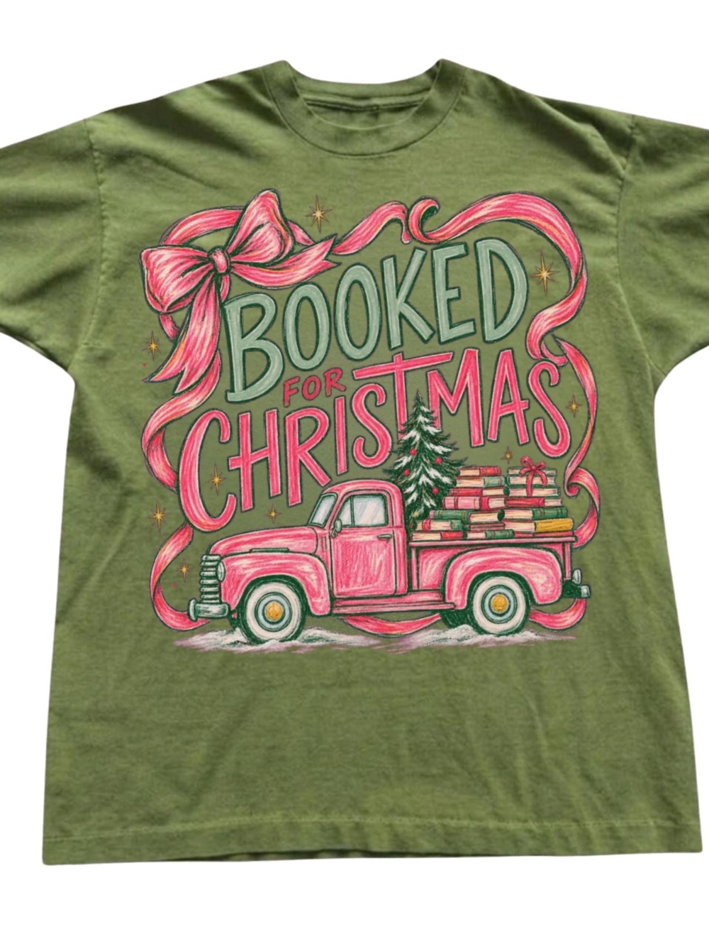 Gildan Green Tee with Pink Holiday Truck Graphic